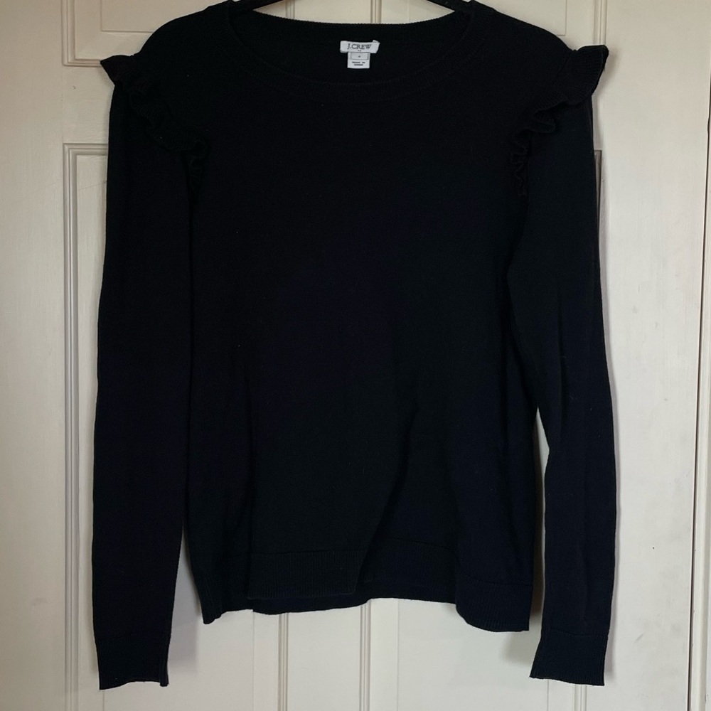 J Crew Sweater, Black 100% Cotton Gathered Ruffle At Top Of Sleeve Size Small